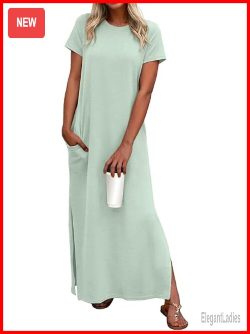 Crew Neck Short Sleeve Wrinkle-Free Split Maxi Dress with Pockets